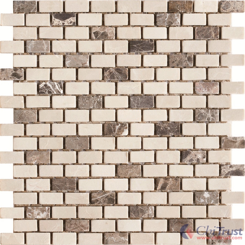 Dark Emperador & Cream Marfil Marble Small Brick Mosaic 